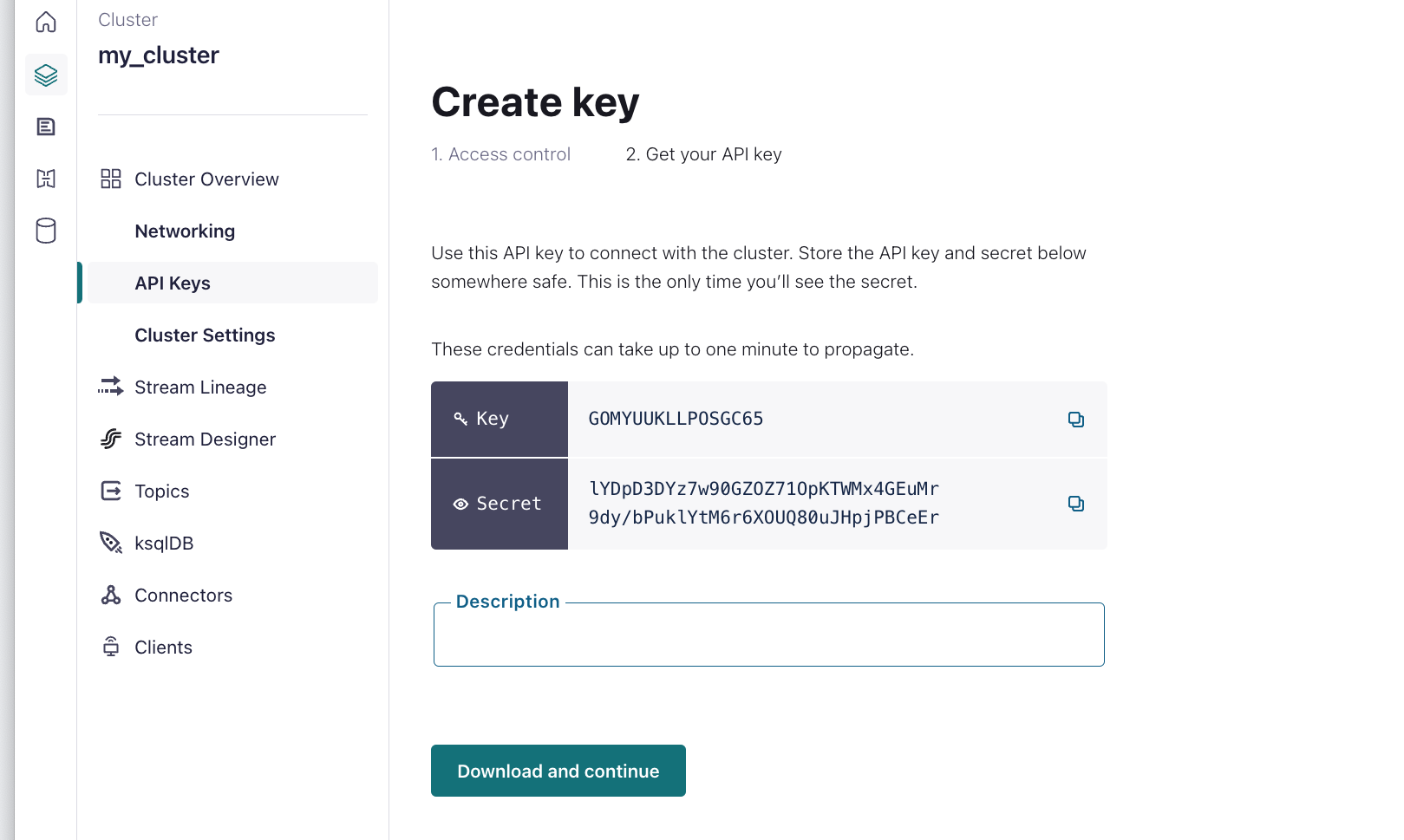 Creating an API key in the Confluent Cloud UI